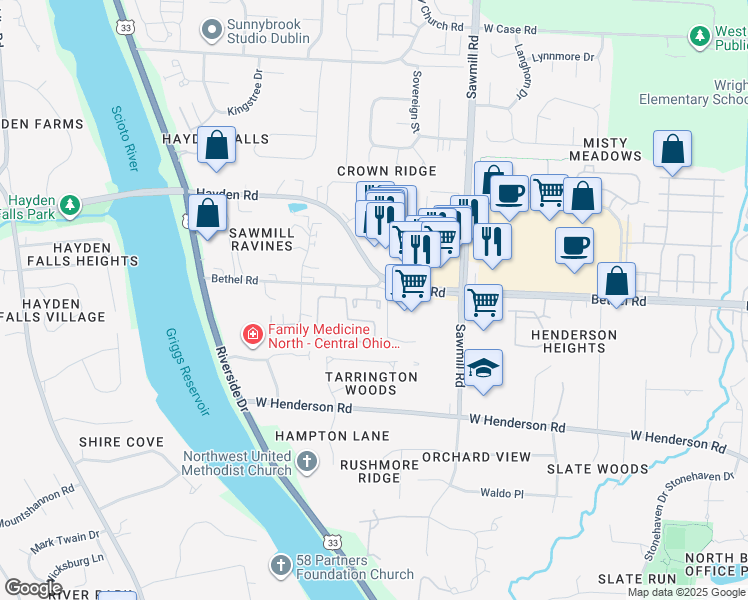 map of restaurants, bars, coffee shops, grocery stores, and more near 3001 Bethel Road in Columbus