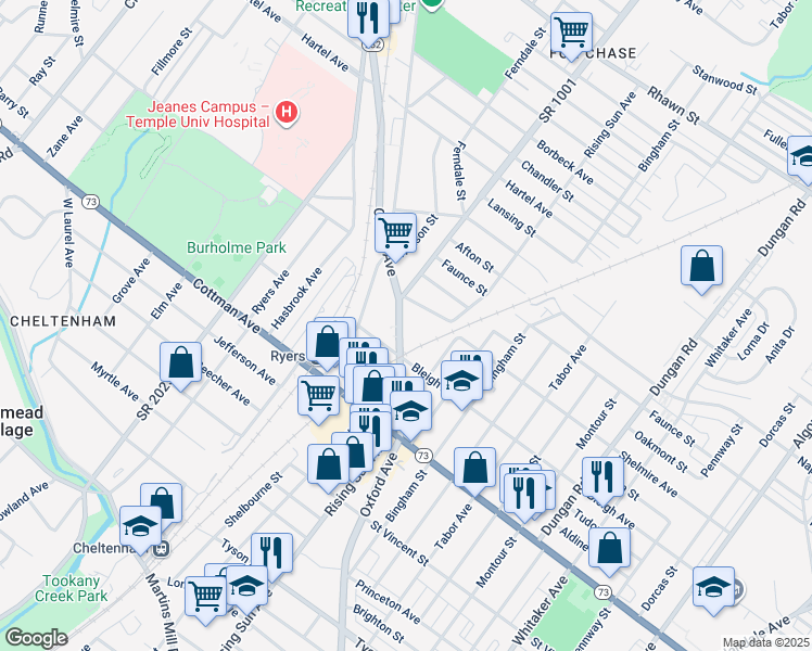 map of restaurants, bars, coffee shops, grocery stores, and more near 7425 Oxford Avenue in Philadelphia