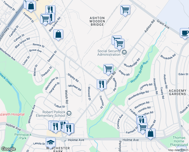 map of restaurants, bars, coffee shops, grocery stores, and more near 2739 Willits Road in Philadelphia