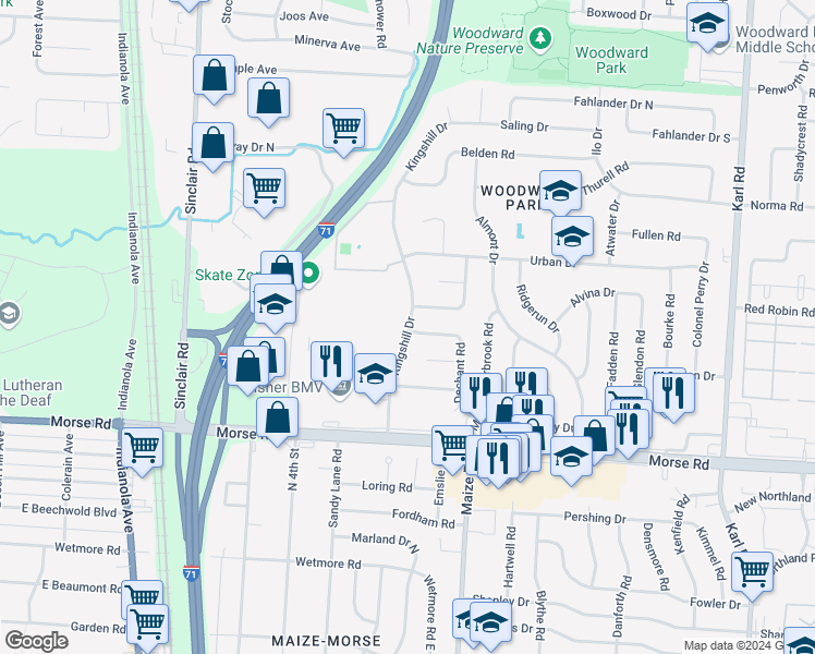map of restaurants, bars, coffee shops, grocery stores, and more near 4863 Kingshill Drive in Columbus