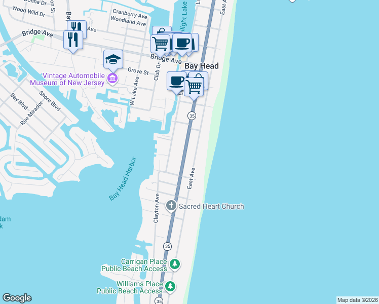 map of restaurants, bars, coffee shops, grocery stores, and more near 634 East Avenue in Bay Head