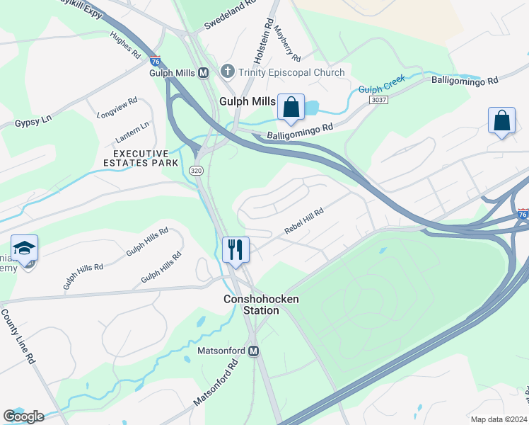 map of restaurants, bars, coffee shops, grocery stores, and more near 253 Valley Forge Lookout Place in Wayne