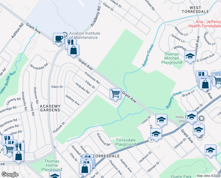 map of restaurants, bars, coffee shops, grocery stores, and more near 3574 Grant Avenue in Philadelphia