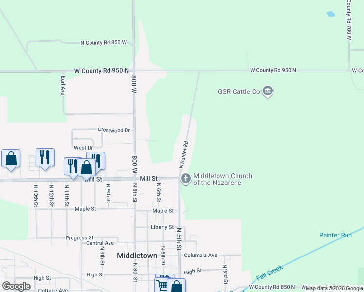 map of restaurants, bars, coffee shops, grocery stores, and more near 9181 N Raider Rd in Middletown