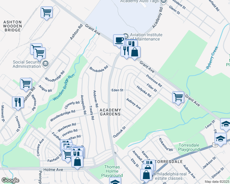 map of restaurants, bars, coffee shops, grocery stores, and more near 9354 Lansford Street in Philadelphia