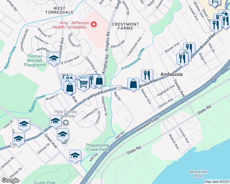 map of restaurants, bars, coffee shops, grocery stores, and more near 953 Mill Road in Bensalem