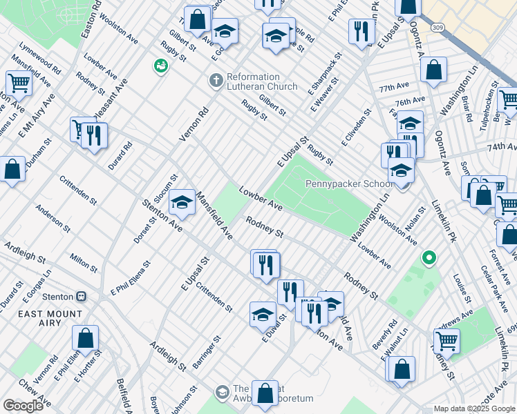 map of restaurants, bars, coffee shops, grocery stores, and more near 1609 Yerkes Street in Philadelphia
