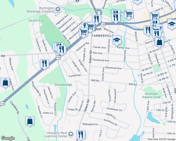 map of restaurants, bars, coffee shops, grocery stores, and more near 1105 Salem Road in Burlington