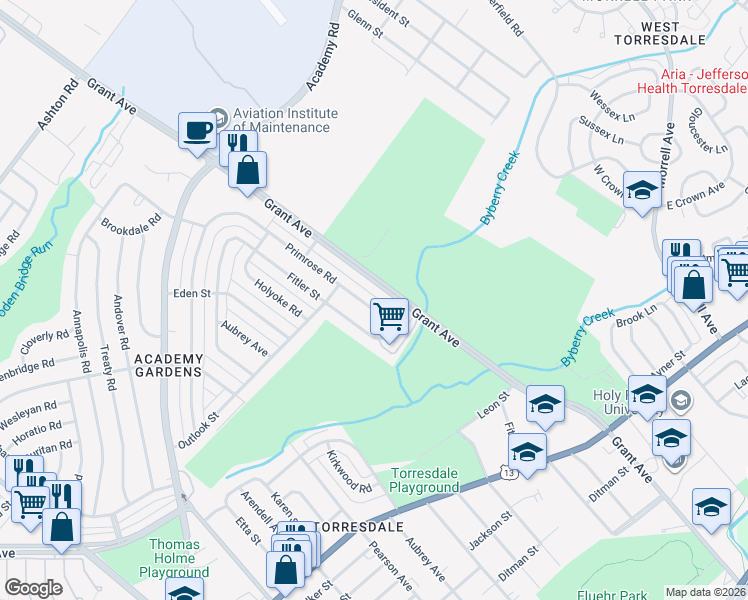 map of restaurants, bars, coffee shops, grocery stores, and more near 3574 Grant Avenue in Philadelphia