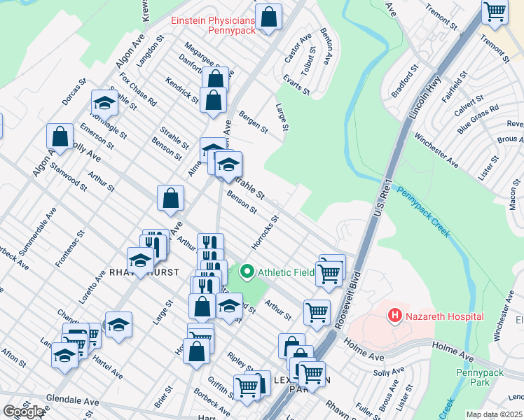 map of restaurants, bars, coffee shops, grocery stores, and more near 2141 Benson Street in Philadelphia