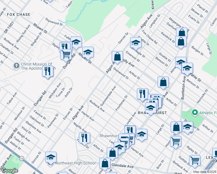 map of restaurants, bars, coffee shops, grocery stores, and more near 7960 Langdon Street in Philadelphia