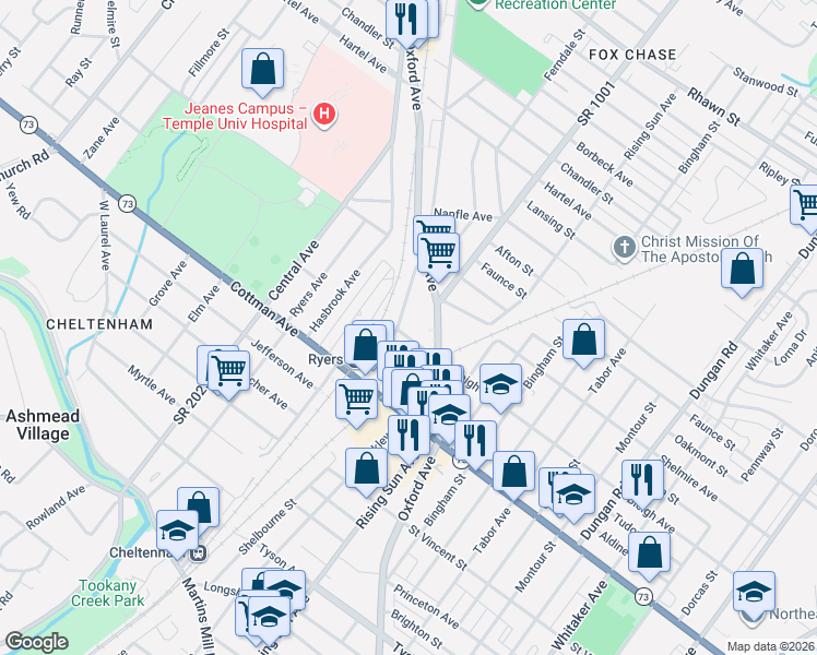 map of restaurants, bars, coffee shops, grocery stores, and more near 7442 Oxford Avenue in Philadelphia