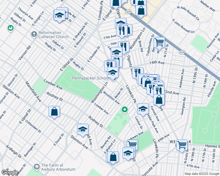 map of restaurants, bars, coffee shops, grocery stores, and more near 7371 Rugby Street in Philadelphia