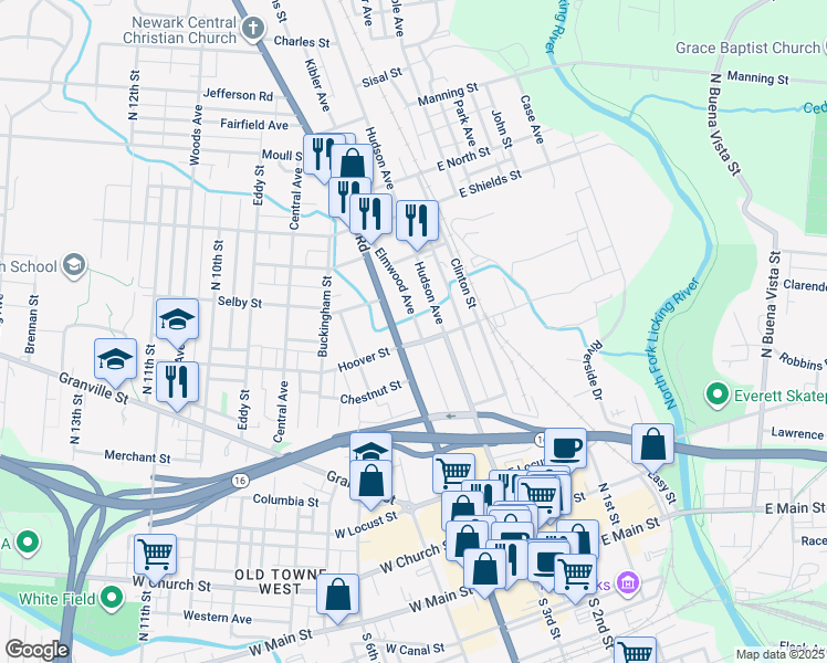 map of restaurants, bars, coffee shops, grocery stores, and more near 262 Elmwood Avenue in Newark