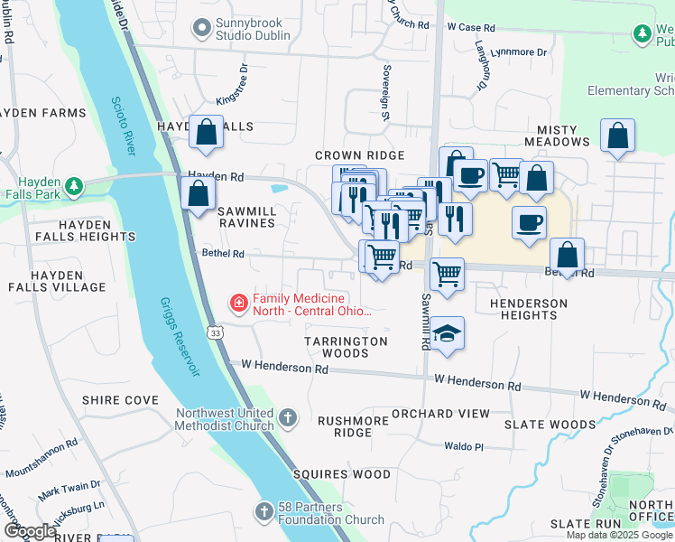 map of restaurants, bars, coffee shops, grocery stores, and more near 3001 Bethel Road in Columbus