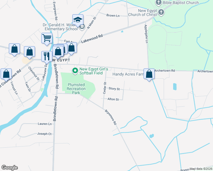 map of restaurants, bars, coffee shops, grocery stores, and more near 16 Cedar Street in Plumsted