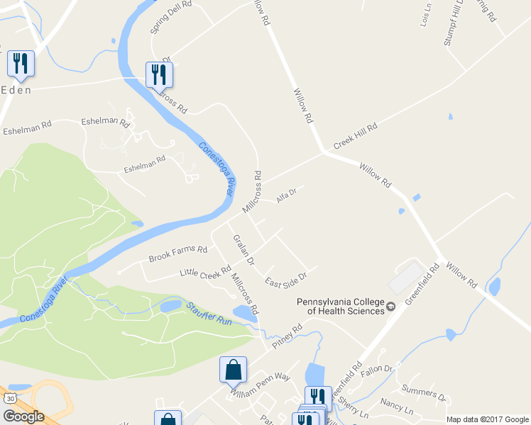 map of restaurants, bars, coffee shops, grocery stores, and more near 3 Mill Ridge Court in Lancaster