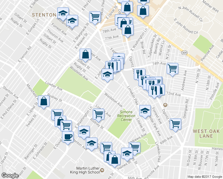 map of restaurants, bars, coffee shops, grocery stores, and more near 7371 Rugby Street in Philadelphia