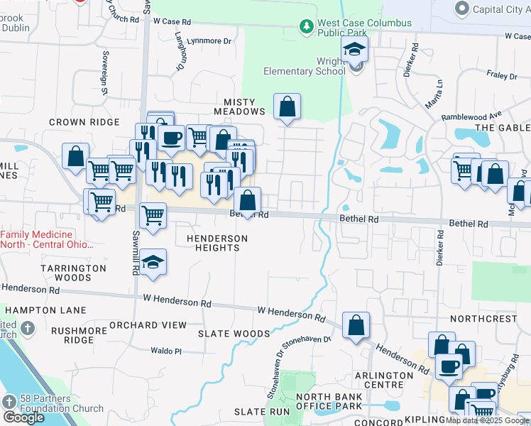 map of restaurants, bars, coffee shops, grocery stores, and more near 2480 Bethel Rd in Columbus
