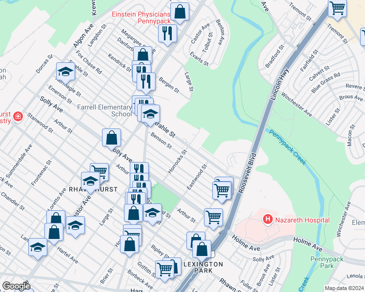 map of restaurants, bars, coffee shops, grocery stores, and more near 2166 Strahle Street in Philadelphia