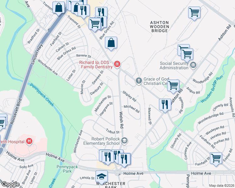 map of restaurants, bars, coffee shops, grocery stores, and more near 2738 Welsh Road in Philadelphia