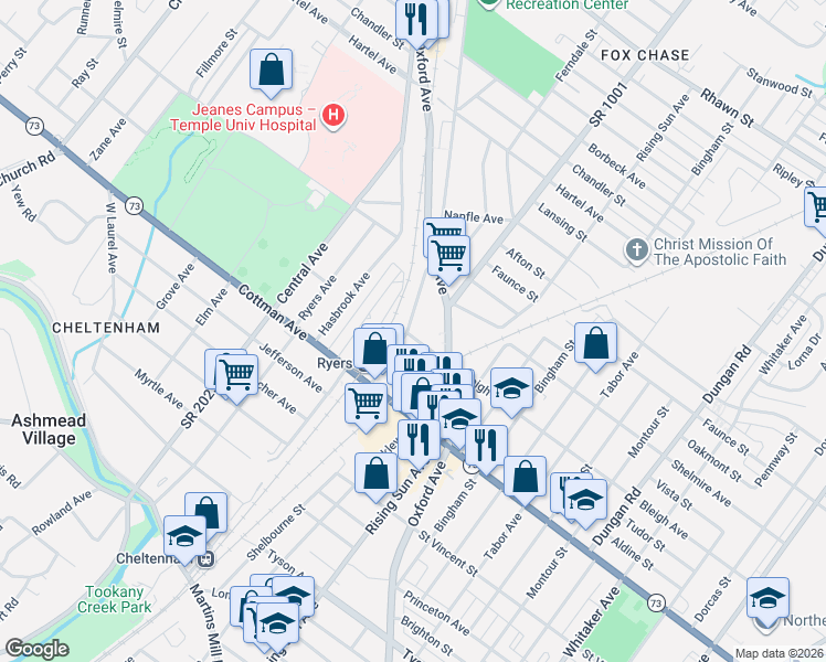 map of restaurants, bars, coffee shops, grocery stores, and more near 7402 Rockwell Avenue in Philadelphia