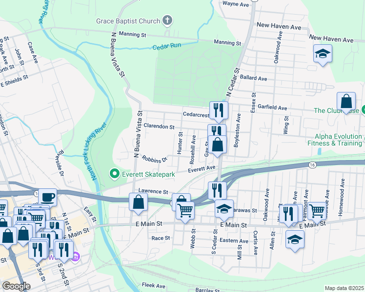 map of restaurants, bars, coffee shops, grocery stores, and more near 214 Hunter Street in Newark