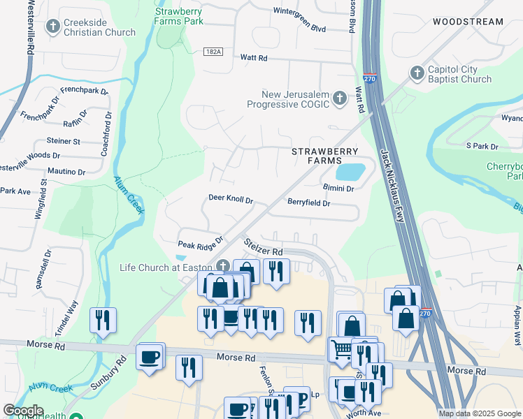 map of restaurants, bars, coffee shops, grocery stores, and more near 3961 Deer Knoll Drive in Gahanna