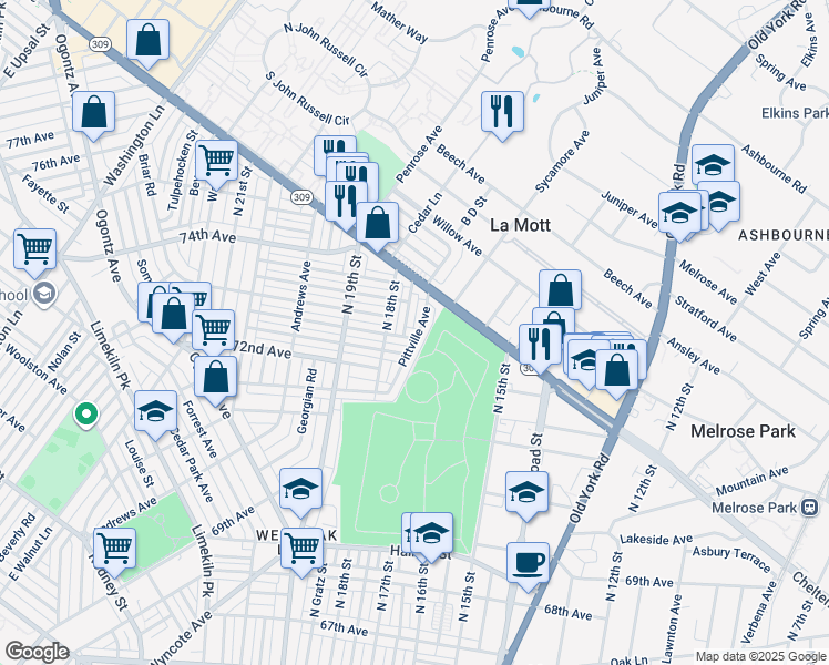 map of restaurants, bars, coffee shops, grocery stores, and more near 1701 Elston St in Philadelphia