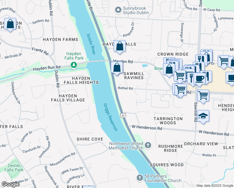 map of restaurants, bars, coffee shops, grocery stores, and more near 5314 Riverside Drive in Columbus