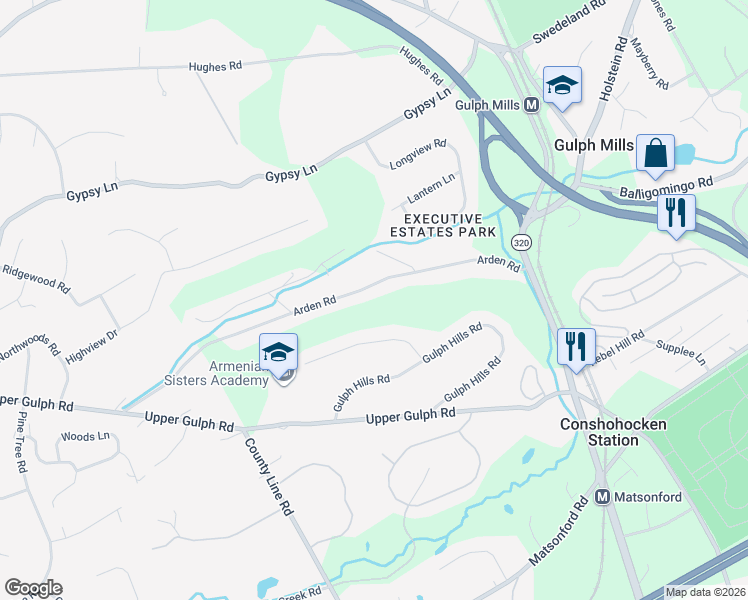 map of restaurants, bars, coffee shops, grocery stores, and more near 245 Arden Road in Conshohocken