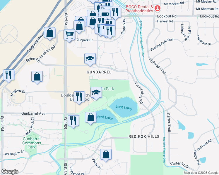 map of restaurants, bars, coffee shops, grocery stores, and more near 6505 Nautilus Court North in Boulder