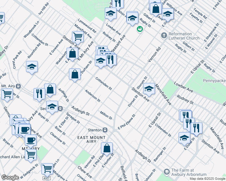 map of restaurants, bars, coffee shops, grocery stores, and more near East Gorgas Lane in Philadelphia