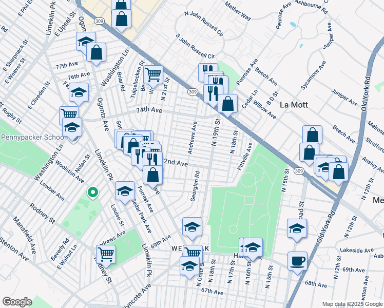 map of restaurants, bars, coffee shops, grocery stores, and more near 1949 Plymouth Street in Philadelphia