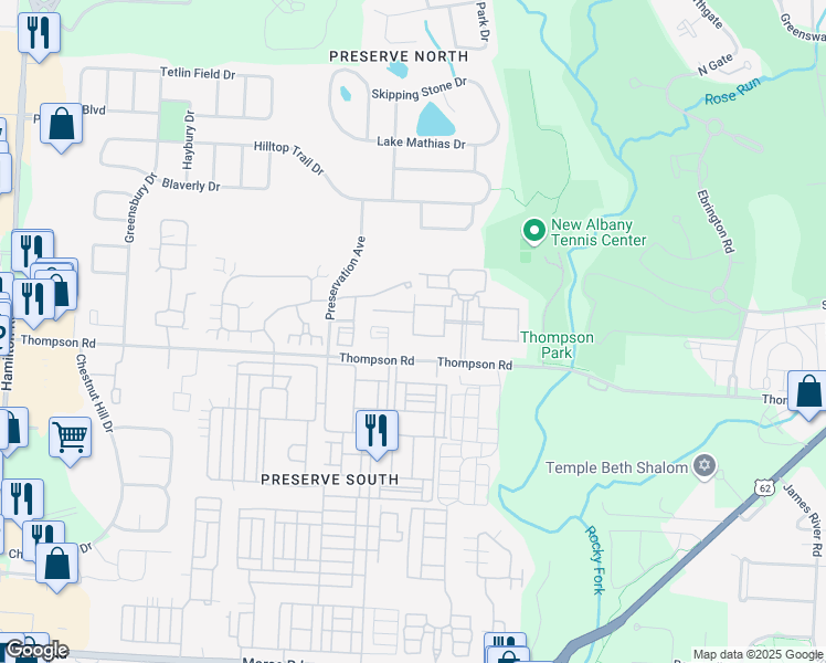 map of restaurants, bars, coffee shops, grocery stores, and more near 4109 Palmer Park Circle West in New Albany