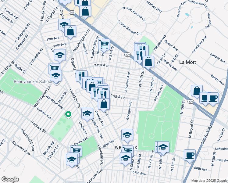 map of restaurants, bars, coffee shops, grocery stores, and more near 7217 North 20th Street in Philadelphia