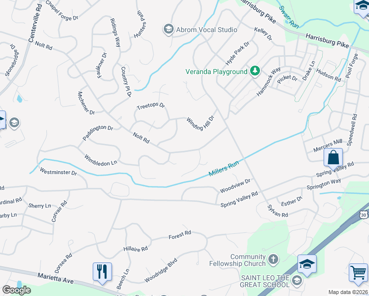 map of restaurants, bars, coffee shops, grocery stores, and more near 2523 Nolt Road in Lancaster