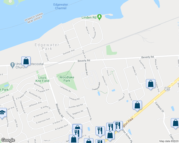 map of restaurants, bars, coffee shops, grocery stores, and more near 5 Creekside Way in Burlington