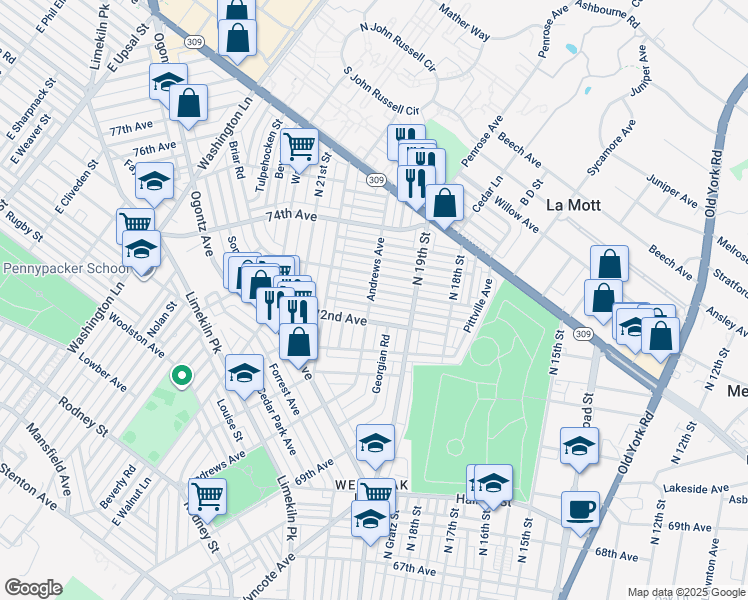 map of restaurants, bars, coffee shops, grocery stores, and more near 1953 Plymouth Street in Philadelphia