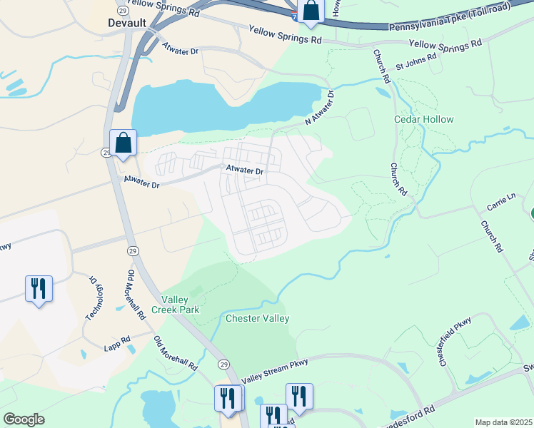 map of restaurants, bars, coffee shops, grocery stores, and more near 311 Blue Welsh Street in Malvern