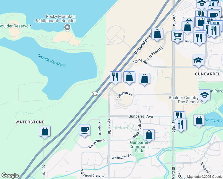 map of restaurants, bars, coffee shops, grocery stores, and more near 5581 Spine Road in Boulder