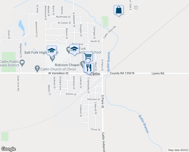 map of restaurants, bars, coffee shops, grocery stores, and more near 104 South Short Street in Catlin