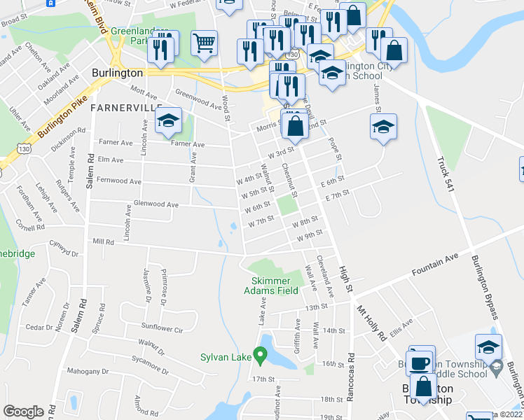 map of restaurants, bars, coffee shops, grocery stores, and more near 75 West 6th Street in Burlington