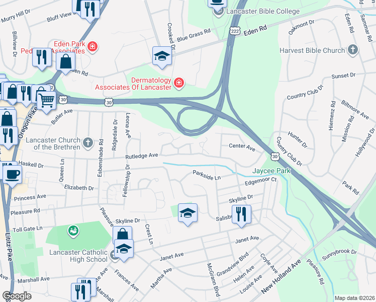 map of restaurants, bars, coffee shops, grocery stores, and more near 105 Delancy Place in Lancaster