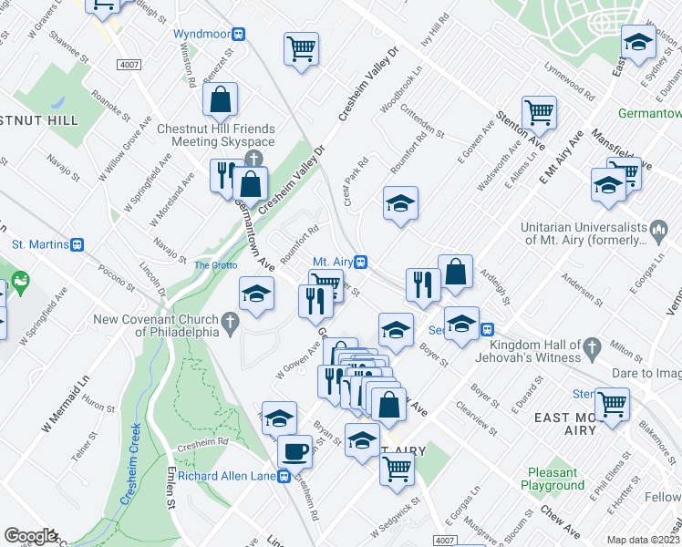map of restaurants, bars, coffee shops, grocery stores, and more near 7428 Devon Street in Philadelphia