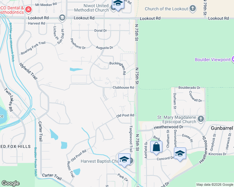 map of restaurants, bars, coffee shops, grocery stores, and more near 4975 Clubhouse Circle in Boulder