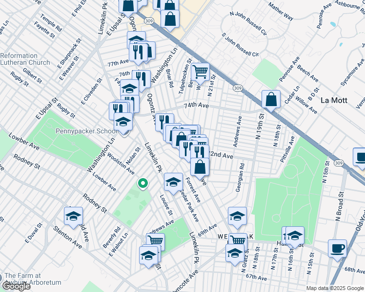 map of restaurants, bars, coffee shops, grocery stores, and more near 7213 Ogontz Avenue in Philadelphia