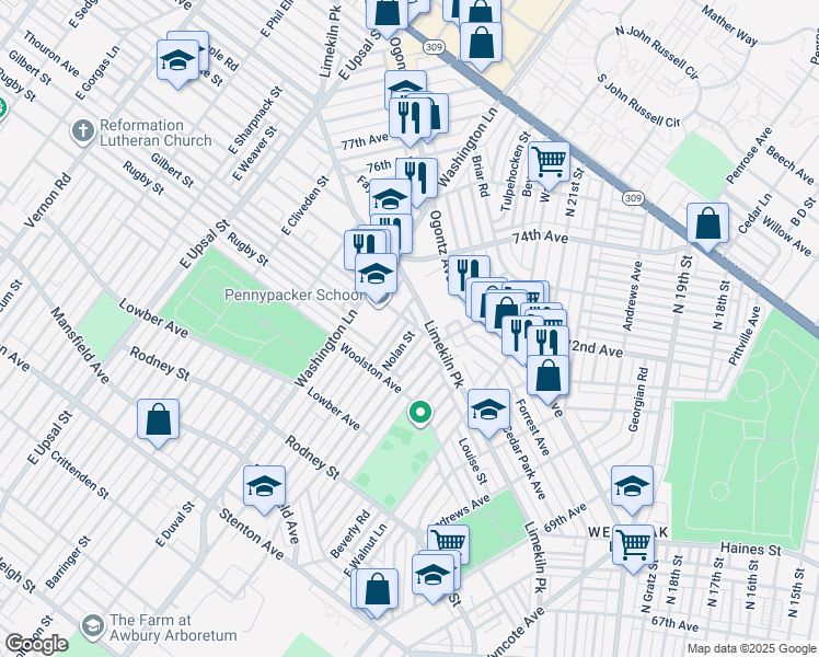 map of restaurants, bars, coffee shops, grocery stores, and more near 7305 Thouron Avenue in Philadelphia