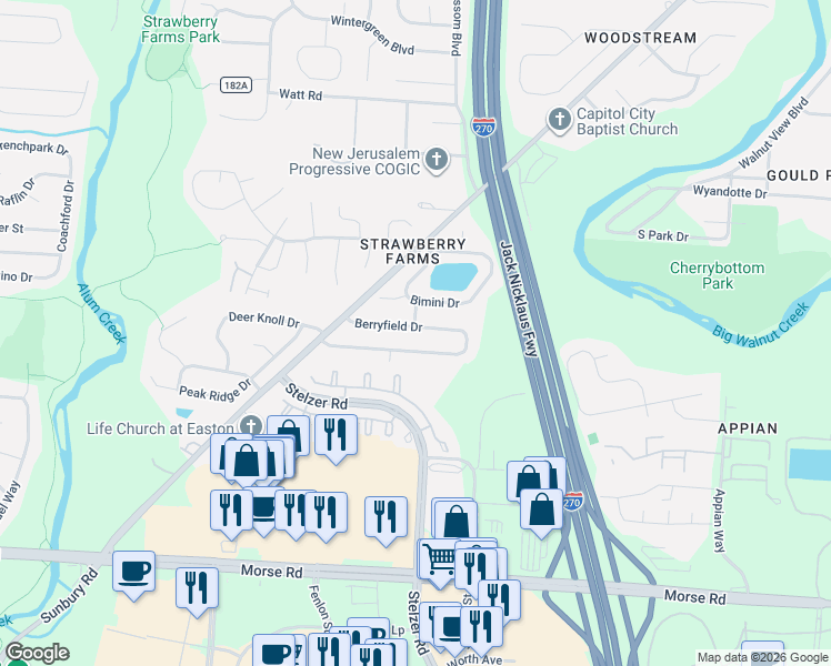 map of restaurants, bars, coffee shops, grocery stores, and more near 4097 Berryfield Drive in Columbus