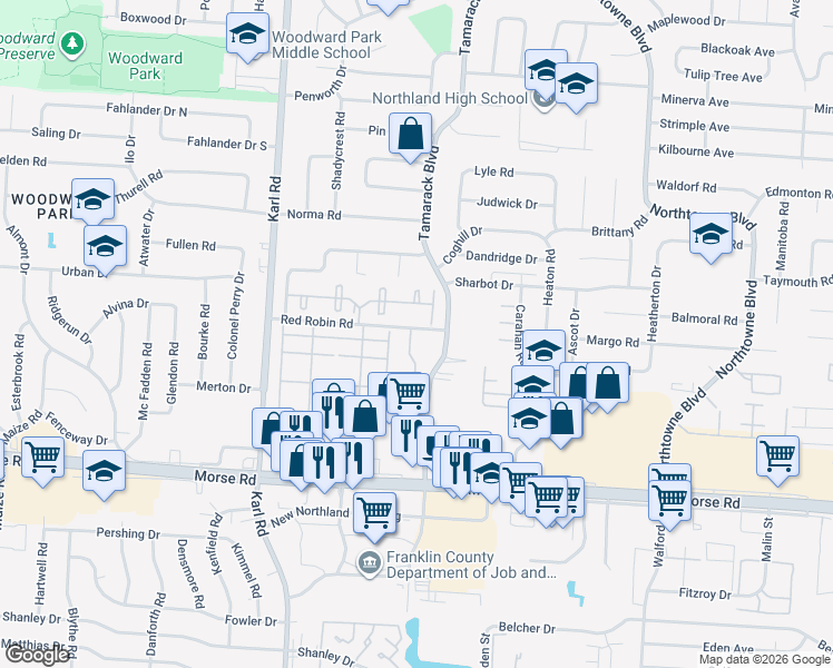 map of restaurants, bars, coffee shops, grocery stores, and more near 1782 Red Robin Road in Columbus